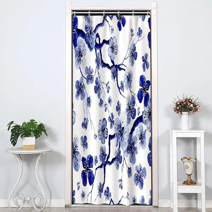 Plum Blossom Shower Curtain Watercolor Blue Floral Modern Art Painting Shower Curtains for Stall Bathroom Accessories Waterproof Polyester Fabric with Hooks, 36 x 72 Inch