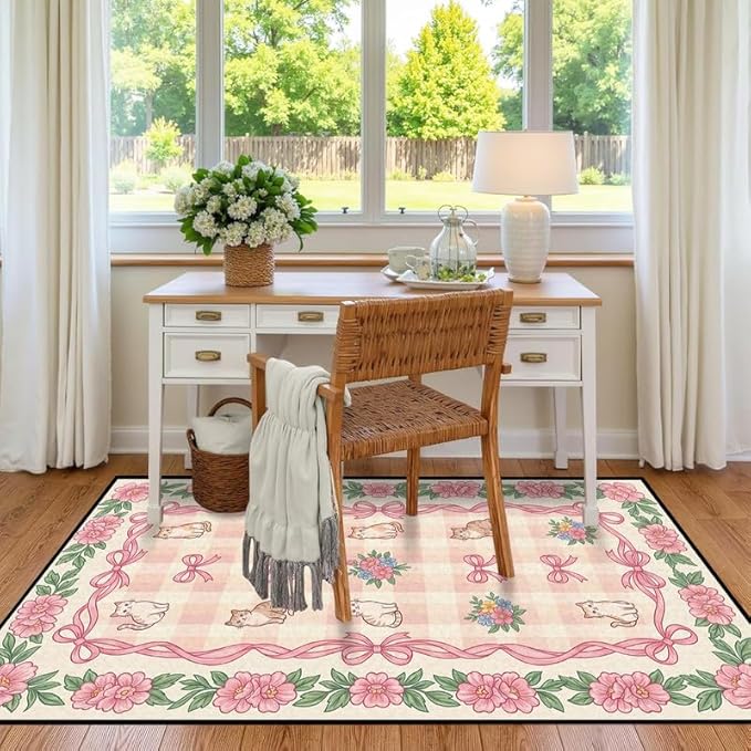 2'x3' Cat Floral Area Rug Pink Bow Flower Carpet Washable Rug Cute Cartoon Boho Floor Mat for Entryway Bedroom Living Room Nursery Playroom Classroom Home Decor