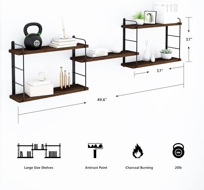 MXCSE Wall Shelves, Wall Mounted Bookshelves, DIY Floating Shelves for Wall, Wood Hanging Book Shelves for Room, Bedroom, Living Room, Easy Installation, 5 Shelves (Brown, 50W x 17H)
