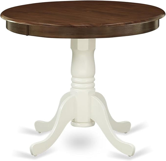 East West Furniture AMT-WLW-TP Antique Kitchen Dining Table - a Round Wooden Table Top with Pedestal Base, 36x36 Inch, Walnut & Linen White