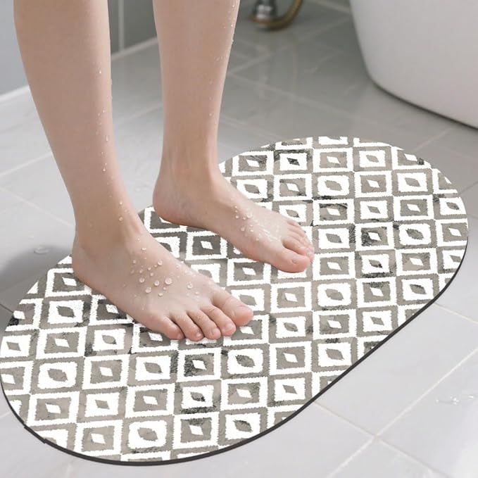 Diatomaceous Mud Bath Mat Grey Modern Geometric Oval Soft Wrinkle Free Bathroom Floor Rugs Non-Slip Super Absorbent Fast Drying Bath Rug for Bathroom Kitchen Door Mat 23.6x15.7 Inches