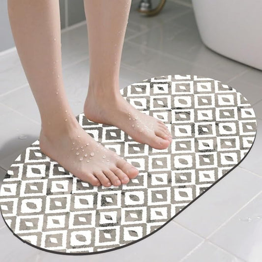Diatomaceous Mud Bath Mat Grey Modern Geometric Oval Soft Wrinkle Free Bathroom Floor Rugs Non-Slip Super Absorbent Fast Drying Bath Rug for Bathroom Kitchen Door Mat 23.6x15.7 Inches