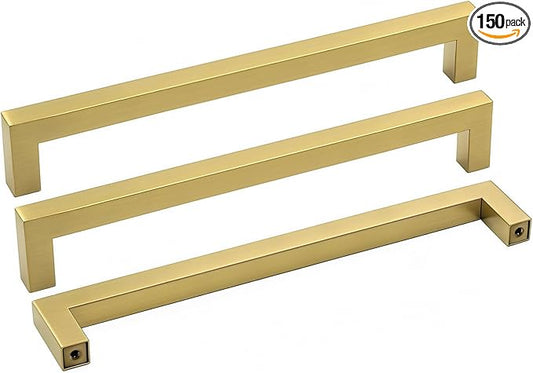goldenwarm Gold Brass Drawer Pulls Gold Kitchen Cabinet Pulls 150 Pack Square Brushed Brass Bathroom Dresser Drawer Pulls Furniture Cabinet Hardware 7-1/2"(192mm) Hole Centers