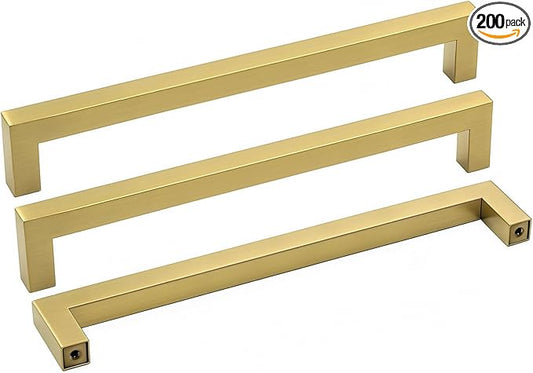 goldenwarm Gold Brass Drawer Pulls Gold Kitchen Cabinet Pulls 200 Pack Square Brushed Brass Bathroom Dresser Drawer Pulls Furniture Cabinet Hardware 7-1/2"(192mm) Hole Centers