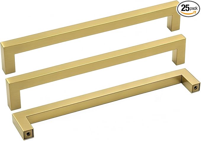 goldenwarm Gold Brass Drawer Pulls Gold Kitchen Cabinet Pulls 25 Pack - LSJ12GD192 Square Brushed Brass Bathroom Dresser Drawer Pulls Furniture Cabinet Hardware 7-1/2"(192mm) Hole Centers