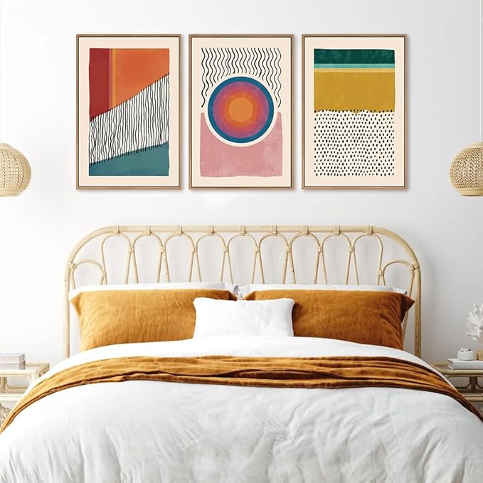 HPINUB Boho Framed Canvas Prints Wall Art Set, Mid-Century Abstract Color Block Shape Wall Decor, Geometric Illustrations Art Photos for Living Room, Bedroom, Dining Room, Office, Bathroom-24"x36"x3
