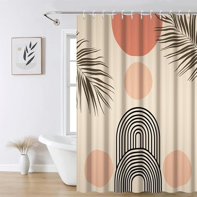 Pink Boho Shower Curtain for Bathroom Modern Abstract Minimalist Bathroom Decor Mid Century Arch Sun Leaf Aesthetic Bathtub Curtains Machine Washable Waterproof Polyester Fabric with Hooks 70x72 Inch