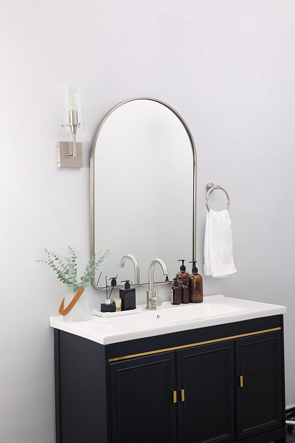Andy Star Brushed Nickel Arched Mirror, 24x36’’ Arched Bathroom Mirror, Arch Wall Mirror, Bathroom Vanity Mirrors Metal Framed, SUS304-Anti-Rust, Tube Frame, 1’’ Deep Set Wall Mounted Vertical