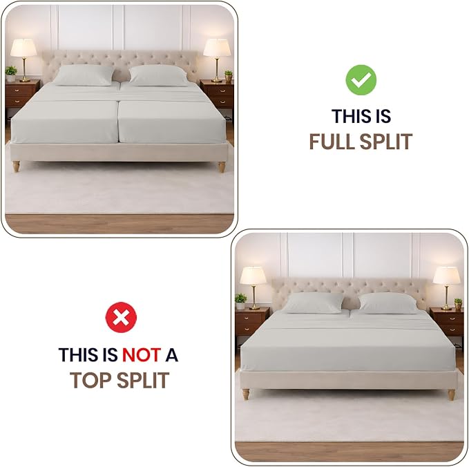 SGI Split King Sheet Set for Adjustable Bed Egyptian Premium Cotton 600 Thread Count Sheets for Sleep Number Bed 15" Deep Pocket 5 Pc Set with 2 Twin XL Fitted Sheets Soft Breathable -Light Grey