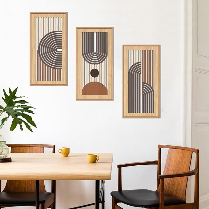 IARTTOP Mid-century Modern Boho Wooden Wall Art Framed 8x16 Inch Orange Abstract Bohemian Wood Wall Decor Set of 3 Minimalist Geometry Artwork for Living room Bedroom Office