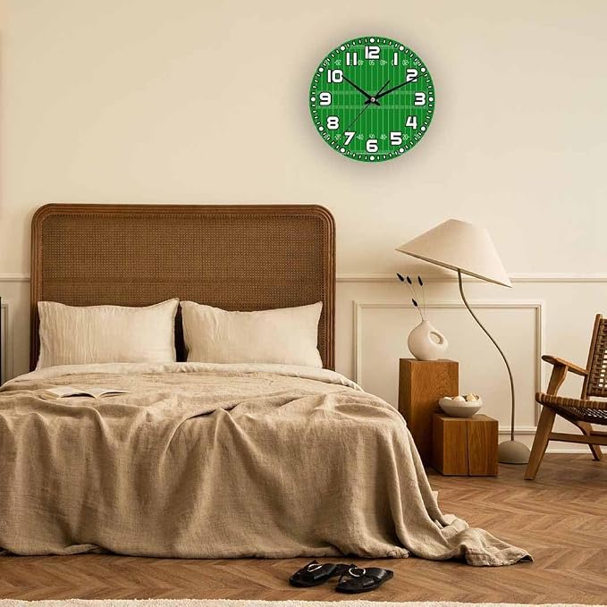 American Football Field Wall Clock 10 inch Round Silent Non Ticking Wood Wall Clocks Battery Operated Easy to Read Decorative Wall Clock for Bedroom Kitchen Living Room Bathroom