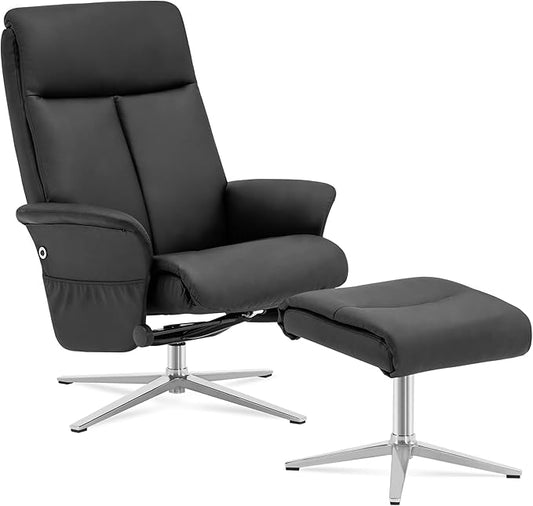 MCombo Swivel Recliner with Ottoman, Modern Heavy-Duty Aluminum Base, Faux Leather Lounge Chair for Small Space, Living Room, or Office 4603 (Black)