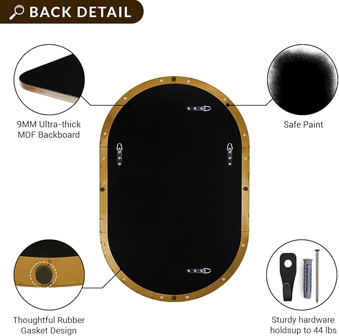 ANDY STAR 26x38 Inch Gold Oval Mirror, Oval Brass Mirror Pill Shaped Stainless Steel 1’’ Deep Metal Frame Wall Mounted Vertically & Horizontally Ideal for Limited Space
