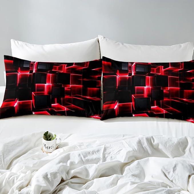 Erosebridal Red and Black Geometric Duvet Cover Queen Size Modern 3D Stereoscopic Square Bedding Sets, Gradient Neon Honeycomb Bed Set 3 Pieces for All Season