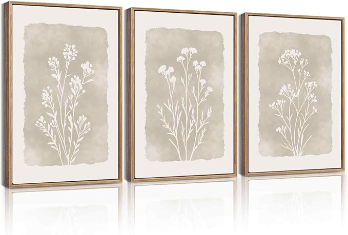 KUVIOKE Boho Botanical Flower Framed Wall Art Farmhouse Vintage Floral Wall Painting Rustic Wildflower Neutral Prints for Living Room Bedroom 12x16in (Natural Framed)