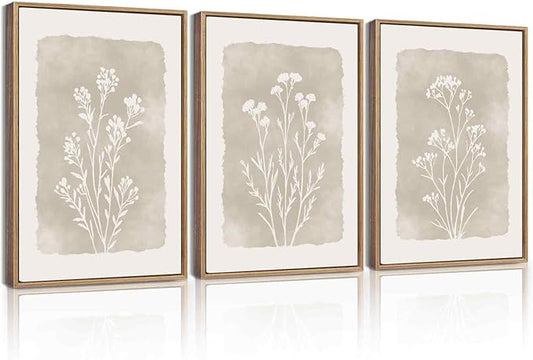 KUVIOKE Boho Botanical Flower Framed Wall Art Farmhouse Vintage Floral Wall Painting Rustic Wildflower Neutral Prints for Living Room Bedroom 12x16in (Natural Framed)