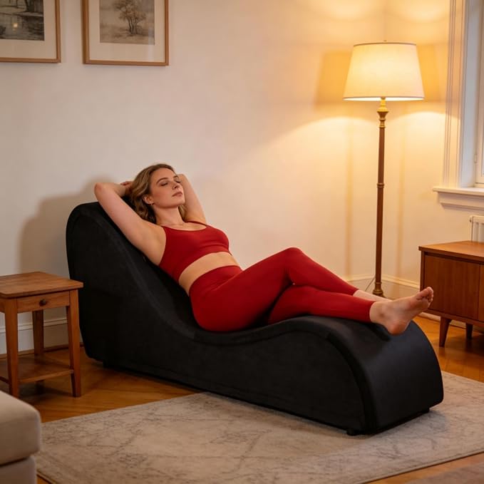 Black Ergonomic Curved Chaise Lounge Chair for Relaxing, Sofa Bench with Heavy-Duty Metal Frame & Removable Velvet Cover