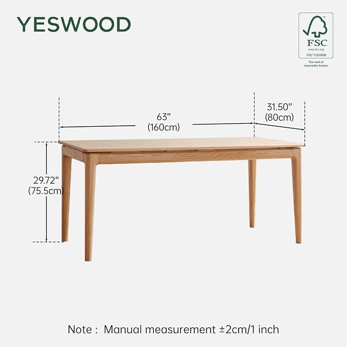 YESWOOD Rectangular Solid Wood Home Office Desk, Modern Dining Table, Writing Computer Desk for Sturdy, Dining Room, Living Room, Office Natural Wood Color 62.99" W