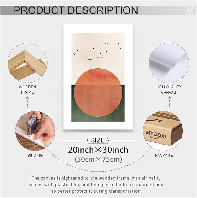 Wrapped Framed Japanese Minimalist Sunset With Bird Wall Art Nature Geometric Abstract Poster Modern Mid Century Eclectic Canvas Prints for Living Room Gallery Home Decor 20x30 inch