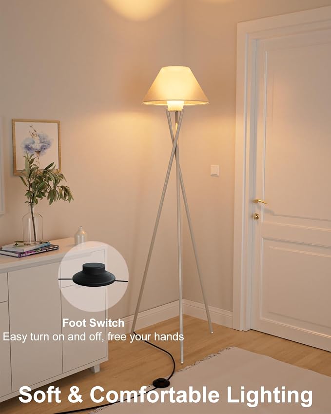 Tripod Floor Lamp, White Standing Lamps with E26 Bulb Included, Mid Century Modern Tall Lamps for Living Room Bedroom Home Decor