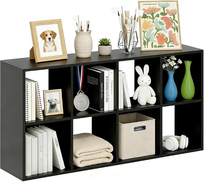 8 Cube Storage Organizer Shelf, Open Cube Bookshelf, Reversible Bookcase, Sturdy Modern Storage for Home Office, Bedroom, Living Room, Black