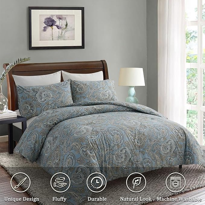 100% Cotton Duvet Cover King Size Blue Boho Paisley Pattern Duvet Cover Sets with Zipper Closure 3 Pcs Soft & Breathable Luxury Bedding Sets
