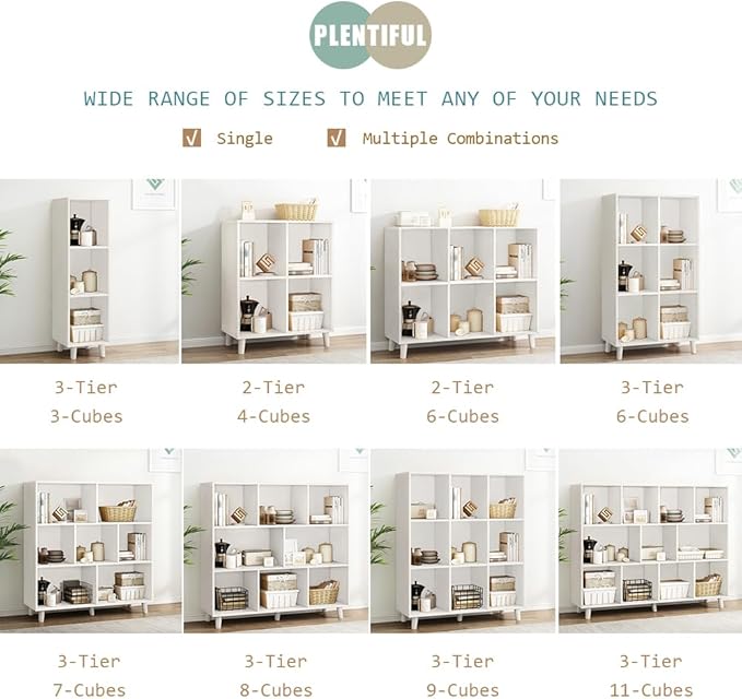 IOTXY Open Cube Low Bookcase - 3-Tier Freestanding Storage Display Cabinet Organizer with Legs for Home Office, 3-Cubes Open Shelf Short Bookshelf, White