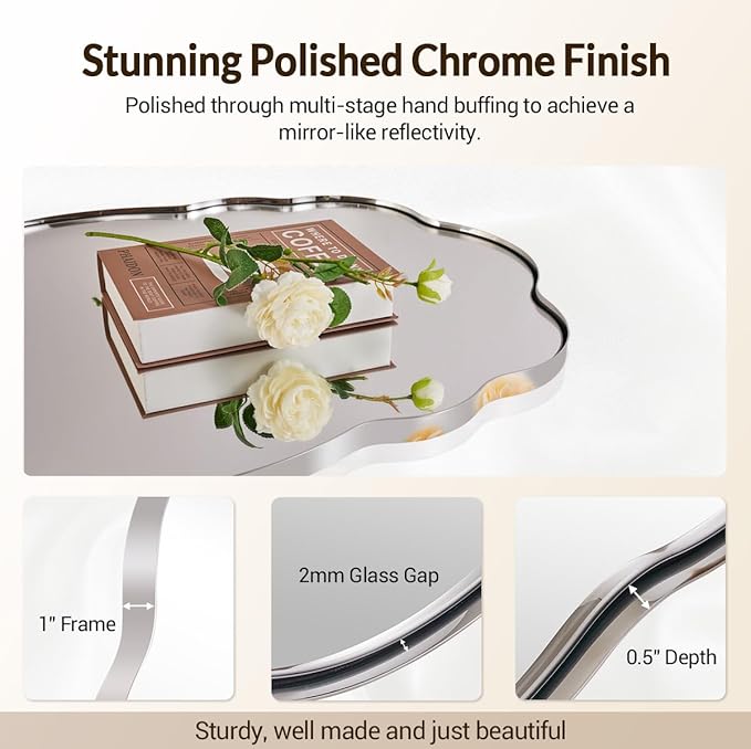 ANDY STAR Chrome Wavy Oval Bathroom Mirror - 30x40 Inch Polished Scalloped Bathroom Mirror, Unique Irregular Design with Heavy Duty SUS Metal Frame