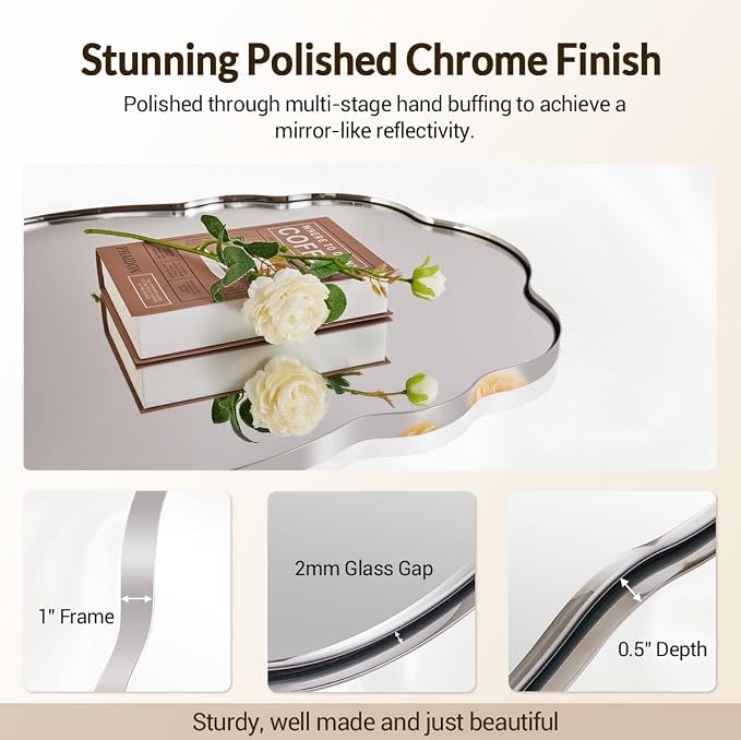 ANDY STAR Chrome Wavy Oval Bathroom Mirror - 24x36 Inch Polished Scalloped Bathroom Mirror, Unique Irregular Design with Heavy Duty SUS Metal Frame