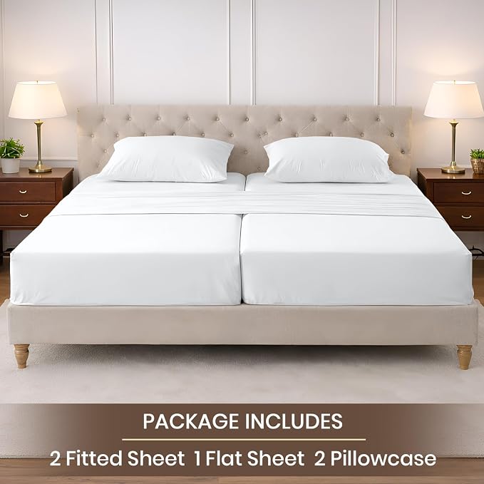 SGI Split King Sheet Set for Adjustable Bed Egyptian Premium Cotton 600 Thread Count Sheets for Sleep Number Bed 15" Deep Pocket 5 Pc Set with 2 Twin XL Fitted Sheets Soft Breathable - White