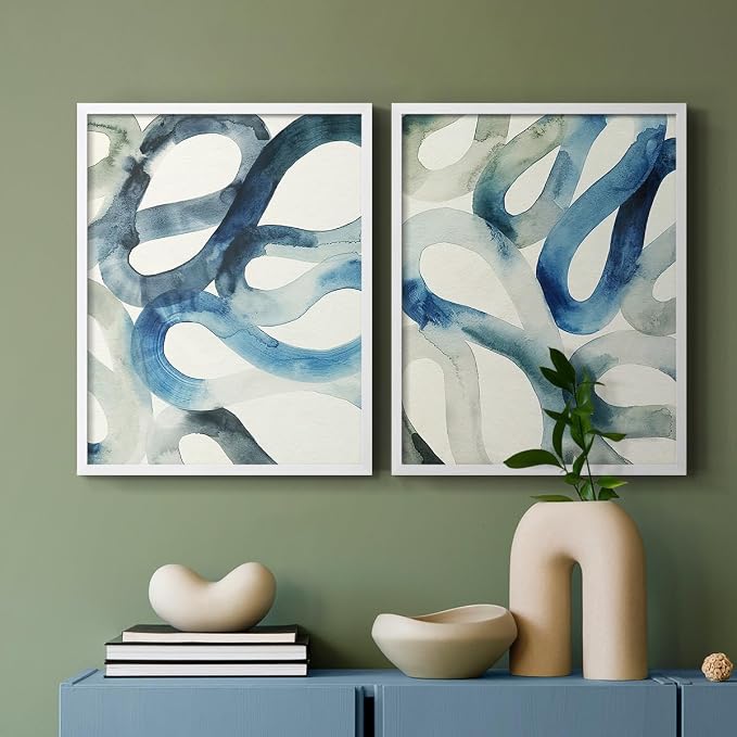 Renditions Gallery Set of 2 Peel & Stick Framed Prints, Watercolor Abstract Wall Art, Aquatic Water and Sand Strokes Wall Decor, Re-Stickable - Ready to Hang - 16"x20" - White Frame LT588