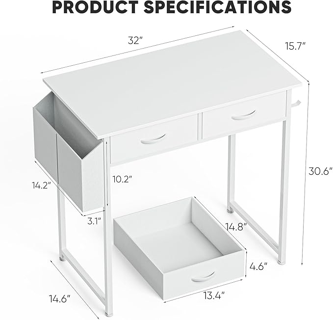 DUMOS 32" Home Office Computer Desk with Drawers, Small Gaming Writing Study Table with Storage Side Bag, Headphone Hook and Adjustable Feet for Bedroom White