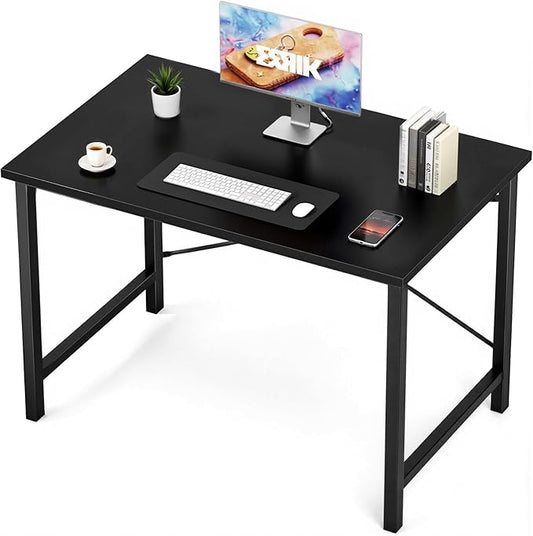 Sweetcrispy Small Computer Office Desk 40 Inch Student Study Writing Work with Metal Frame Wood Tabletop Modern Simple Home Bedroom PC Table - Black, Compact Sturdy Desk for Laptop, Study, Gaming
