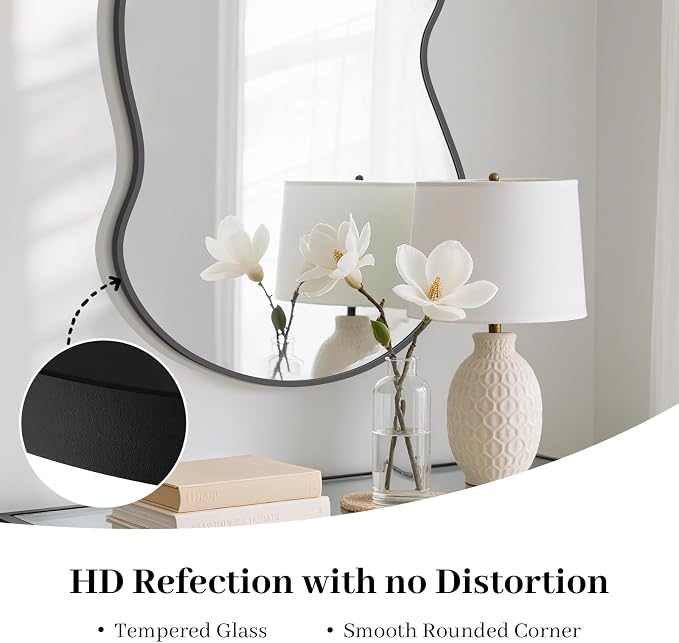 HOMECOOKIN 36" H x 24" W Irregular Wall Mirror, Asymmetrical Decorative Mirror with Black Aluminum Frame, Wavy Abstract Black Mirror, for Living Room, Bedroom, Bathroom, Entryway, Cloakroom