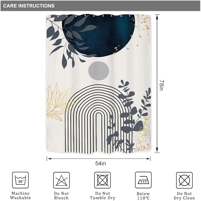 Riyidecor Extra Wide Boho Navy Blue Shower Curtain for Bathroom Decor 54Wx78H Short Plants Abstract Boho Modern Mid Century Art Printed Fabric Polyester Waterproof 12 Pack Plastic Hooks