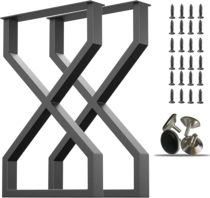 Metal Table Legs - Black Industrial Furniture, Set of 2 Dining Table Legs (Hourglass-Shaped, 28" H X 17.7" W)