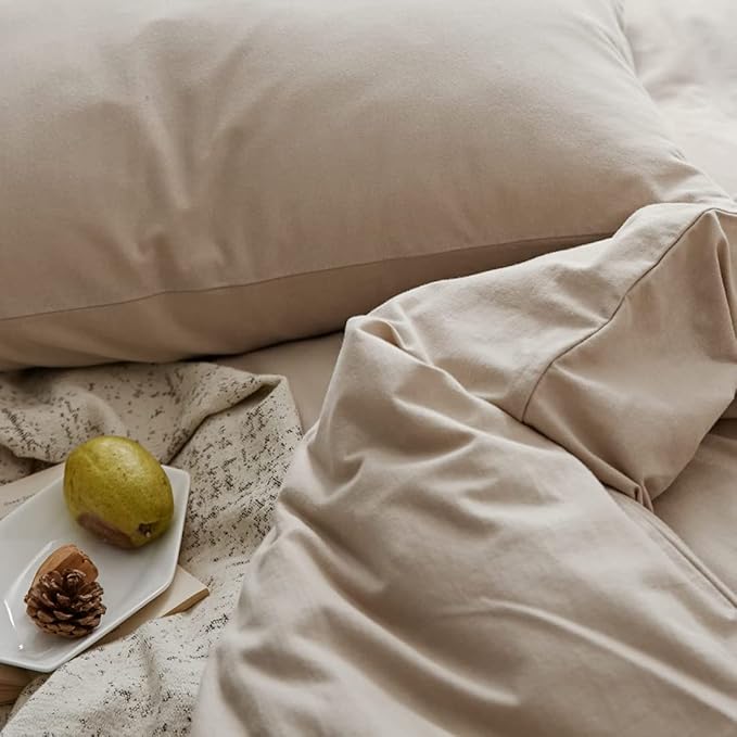 Omelas Beige Duvet Cover King Size Khaki Birch Apricot Modern Minimalist Style Solid Color Bedding Sets 3 Pieces Reversible Soft Microfiber Comforter with Zipper Closure (WJL-OMUS-SJT-BE-King)