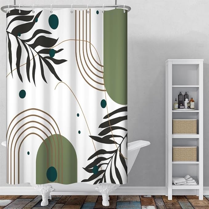Mid Century Boho Shower Curtain for Bathroom Modern Minimalist Neutral Bathroom Decor Abstract Green Leaf Arch Sun Aesthetic Bath Curtains Washable Waterproof Polyester Fabric with Hooks 36x72 Inch