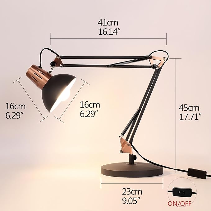 FIRVRE Black Retro Metal Swivel Arm Desk Lamp Adjustable Architect Morden Table Lamp High Task Lamp with Switch for Bedroom Study Room Home Office