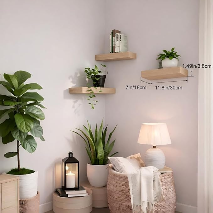 Bathroom Floating Shelves for Wall, Oak Small 11.8" Floating Shelf for Storage, Display Shelf and Farmhouse Rustic Home Decor, Ideal Over Toilet for Bedroom, Kitchen or Living Room, 3-Pack