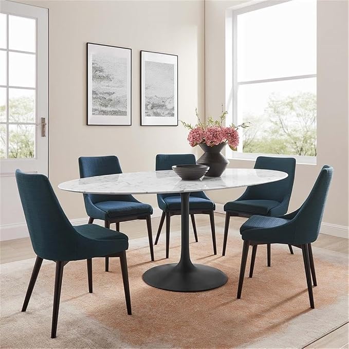 Modway Lippa 78" Oval-Shaped Mid-Century Modern Dining Table with Artificial Marble Top and Black Base