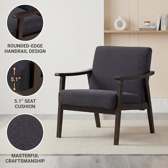 Mid-Century Modern Accent Chair, Upholstered Arm Chair Solid Wood Frame for Lounge, Living Room, Reading Room, Bedroom (Antique Black)