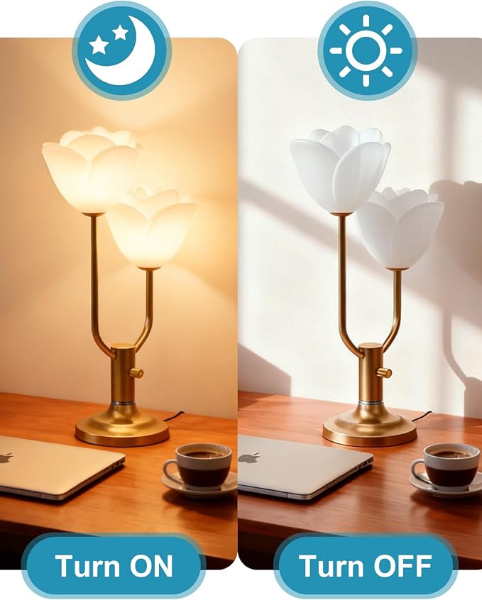 Lightdot Women Bedside Table Lamps for Bedroom, 2-Light Cute Flower Desk Lamp with G9 LED Bulbs, 0-100% Stepless Dimmable Gold Nightstand Lamp, Floral Lamp for Living Room, Home Office,Reading