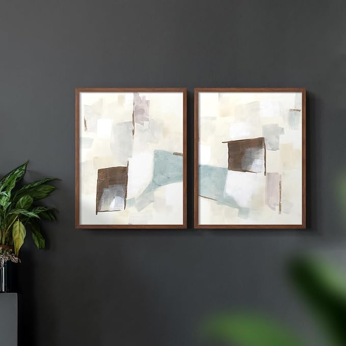 Renditions Gallery Set of 2 Peel & Stick Framed Prints, Abstract Wall Art, Minimalist Color Block Brush Strokes Wall Decor, Re-Stickable - Ready to Hang - 11"x14" - Walnut Frame LT588