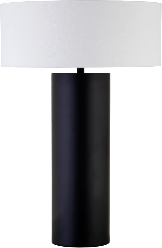 Henn&Hart 24" Mid-Century Modern 1-Light Table Lamp with White Fabric Drum Shade for Living Room, Bedroom, or Office, Black