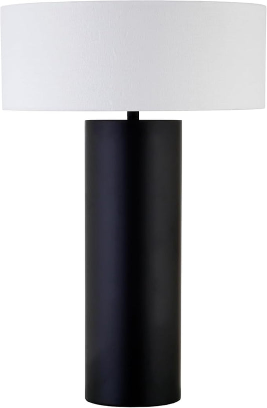 Henn&Hart 24" Mid-Century Modern 1-Light Table Lamp with White Fabric Drum Shade for Living Room, Bedroom, or Office, Black