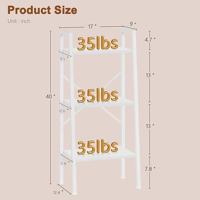 Hoctieon 3-Tier Industrial Ladder Bookshelf, Narrow Ladder Shelf, Tall Standing Bookshelf, Skinny Open Ladder Shelf, for Living Room, Home Office, Kitchen, Bedroom, Metal Frame, White