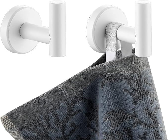 JQK Bathroom Towel Hook White, Coat Robe Clothes Hook for Bathroom Kitchen Garage Wall Mounted (2 Pack), 304 Stainless Steel 0.8mm Thicken, TH100-WH-P2