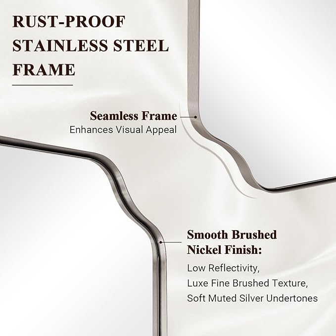 ANDY STAR 36x40 Inch Brushed Nickel Mirror, Large Bathroom Mirrors, Modern Silver Vanity Mirror in Anti-Rust Stainless Steel Frame, Unique Rounded Notched Corner Design, Ideal for Bathroom Remodel