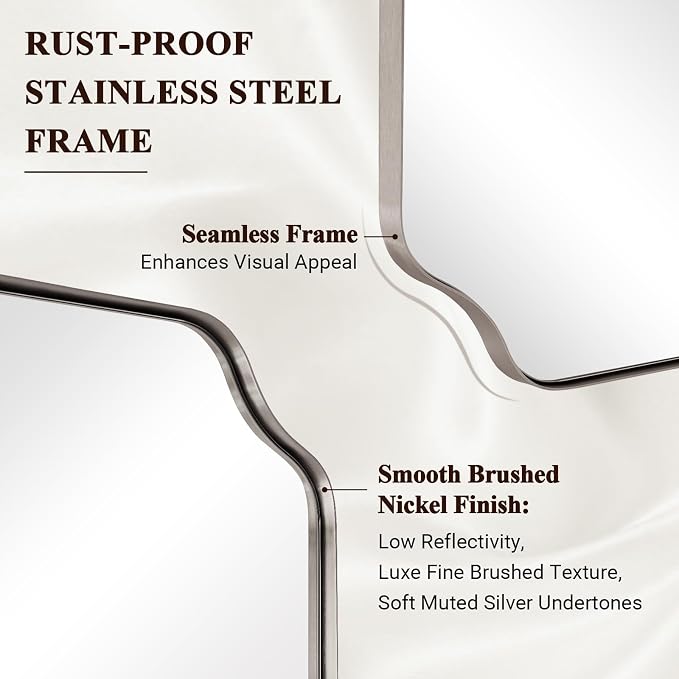 ANDY STAR 30"x60" Large Bathroom Mirror, Brushed Nickel Rectangle Scalloped Mirror, Modern Full Length Wall Mirror with Rust-Proof Stainless Steel Frame, Hangs Vertically or Horizontally